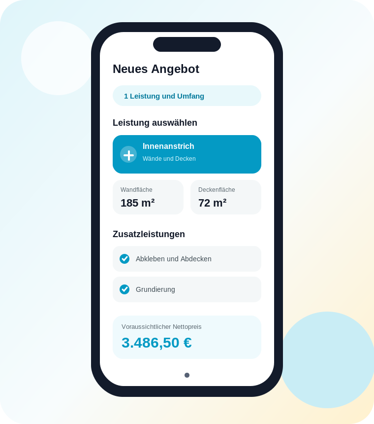Mobile MalerRechner Anwendung mit Kalkulation für Innenanstrich, Wandfläche und Zusatzleistungen